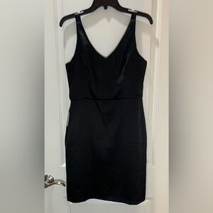 Bebe NWT Black Sheath Dress Prada Twill Gold Zipper Back Satin Finish Size M